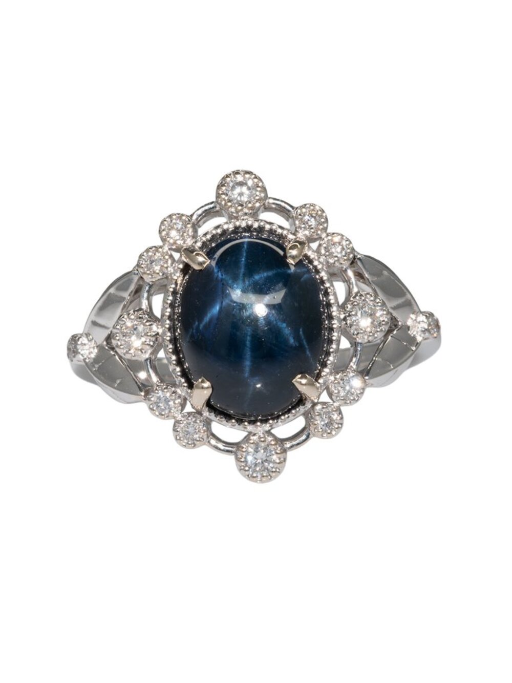 4ct Star Sapphire Statement Ring in 14K White Gold with Natural Diamond Accents